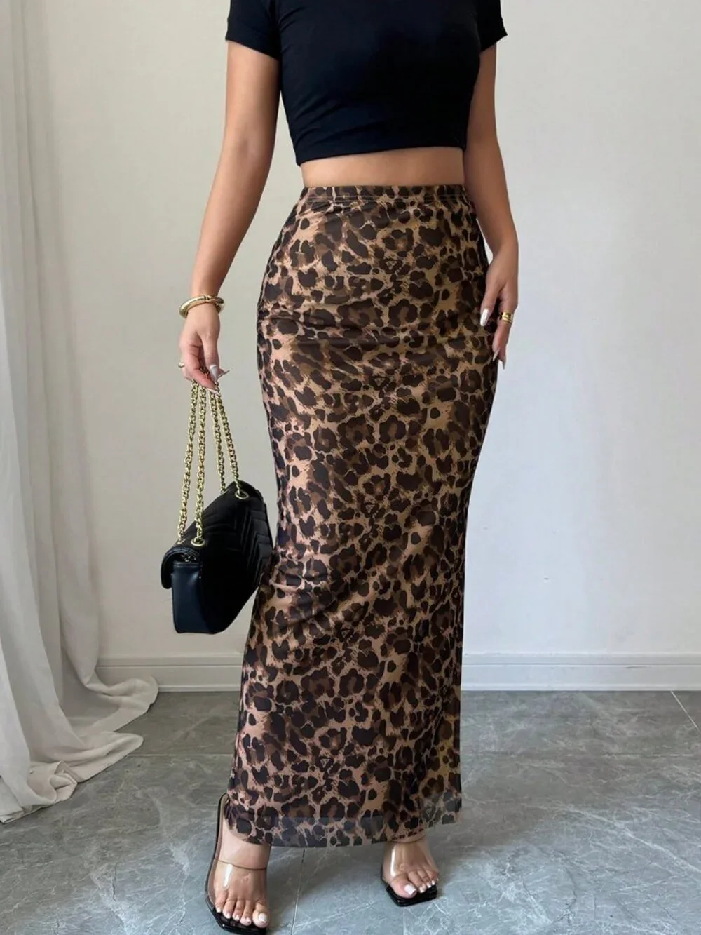 Brown Elegant Women's Leopard Print Maxi Skirt With Slit